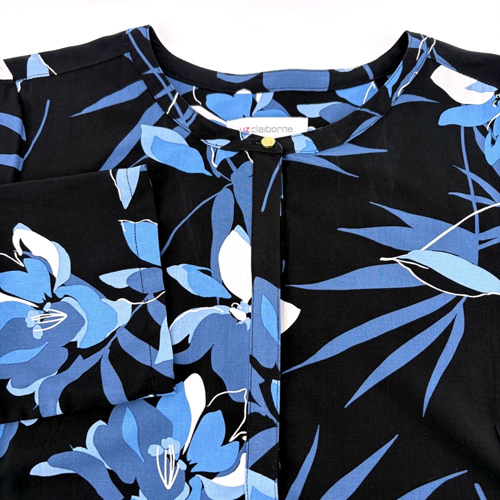 Liz Claiborne Womens Blue Floral Rayon Blouse 3/4 Sleeve Black Tunic Top Size M - Picture 3 of 8